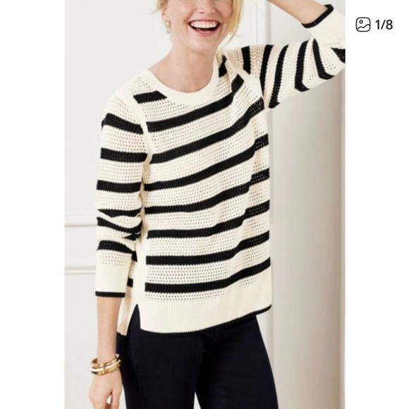 Talbots Sweaters - Talbots Black & Cream Open Weave Striped Crewneck Sweater